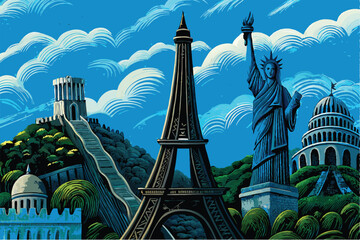 Create a vibrant vector background featuring iconic global landmarks like the Eiffel Tower, Taj Mahal, and Great Wall, rendered in a stylized, flat design.