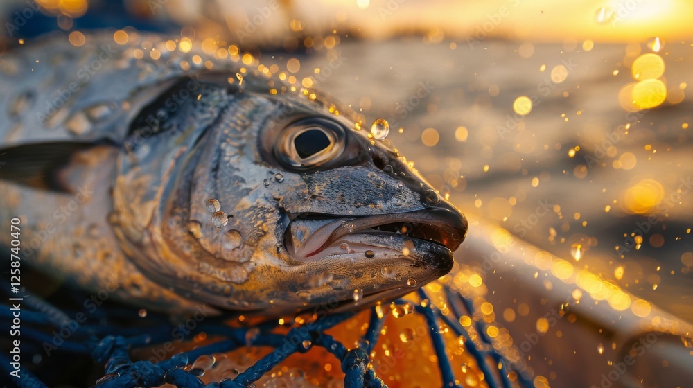 Poster a freshly caught fish, glistening with droplets of water, rests on a blue fishing net while the sun 