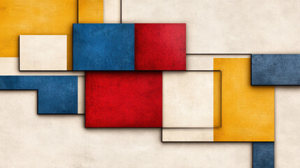 Modern art composition with bold geometric blocks in primary colors, featuring textured red, blue, and yellow rectangles on neutral background, creating dynamic abstract design
