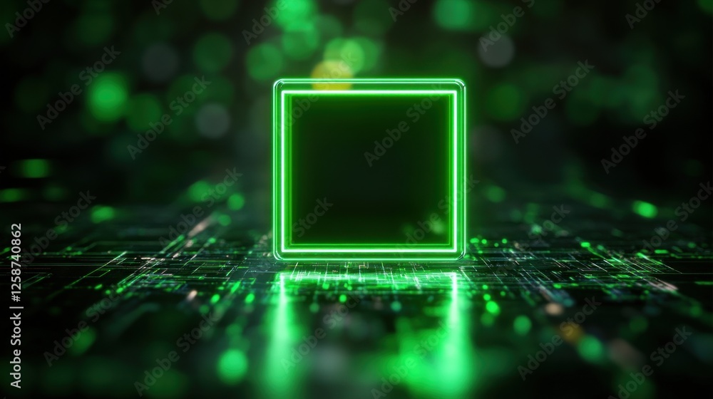 Poster a glowing green square on a digital circuit board background with vibrant patterns.