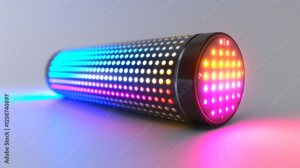 Poster a close-up of a cylindrical led light featuring an array of vibrant, multicolored lights in a sleek 