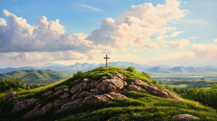 Fototapeta premium A serene landscape featuring a cross on a hill, surrounded by lush greenery and mountains.
