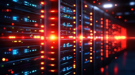 Obraz premium Close-up view of modern data servers with illuminated lights creating a vibrant atmosphere.