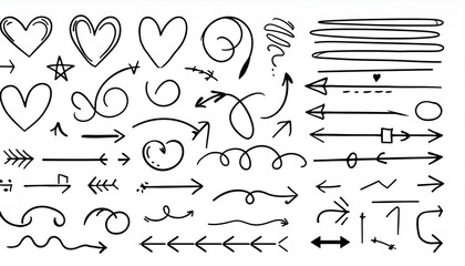 Obraz premium Line hand drawn marker arrow, heart, text highlight brush shape element set. Hand drawn sketch marker underline shape, arrow, star scribble brush pen stroke element. perfect any project.