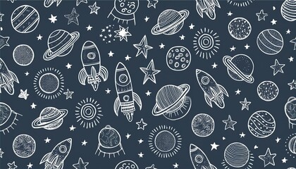 Space star vector kid background. Hand drawn doodle sketch style star space cute galaxy background. Hand drawn kid galaxy universe doodle pattern. Planet, rocket, moon element. perfect any project.