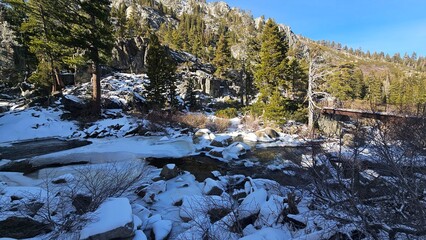 snow covered mountains at Eagle falls in Lake Tahoe