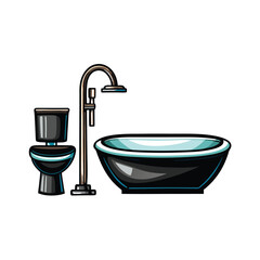 Create a vector illustration of a sleek, modern bathroom featuring a freestanding bathtub, minimalist fixtures, and large window with natural light.