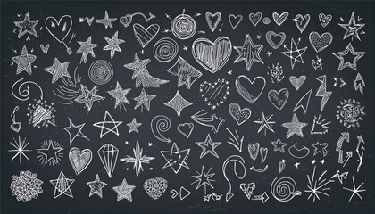 Cute line sketch star, arrow, heart decoration element icon set. Hand drawn sketch doodle cute star, emphasis, flower element. Pen line text decoration shape icon. Chalkboard perfect any project.