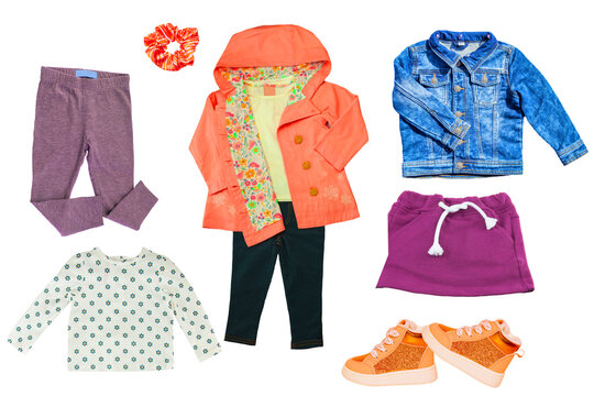 Collage set of little girl summer clothes isolated on white. Kids apparel collection. Childs fashion clothing outfit. Skirt, shorts, shirt, dresses, jeans jacket, sweater, shoes.