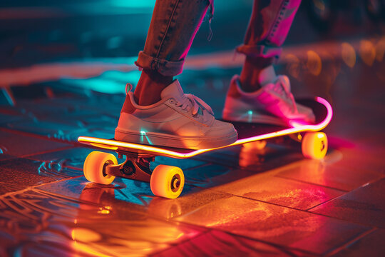 Generative AI Artwork of Urban Skater in neon lights Motion Capturing Street Vibes Energy