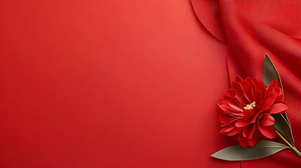 Red Background With Paper Flower And Draped Fabric
