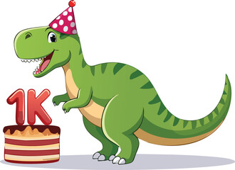 A happy dinosaur smiling with celebration cake...
