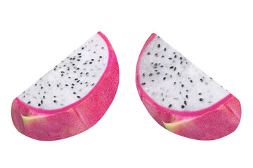 Two slices of dragon fruit or pitaya on isolated white background.