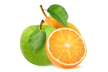 Green apple with leaf, red-yellow pear with leaf and orange on isolated white background. Whole apple, whole pear and half orange on isolated white background.