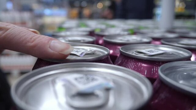 close up of a woman's hand running her finger along a row of beer or drink cans on a store shelf, choosing one and taking it. Choosing a drink or alcohol in a store