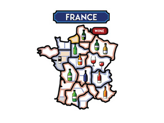 Create a vector map of France highlighting major wine-producing regions with distinct color-coding and regional names.  Include labels for key vineyards or appellations.