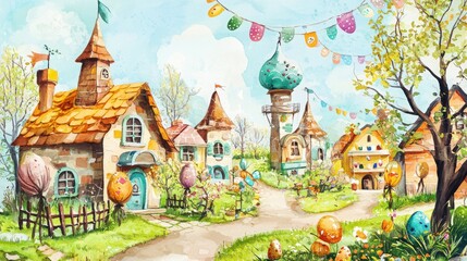 A vibrant illustration of an Easter village with charming houses, decorated eggs, and a sunny sky, showcasing a festive spring atmosphere.