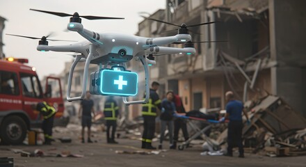 Fototapeta premium Medical drone delivering supplies at disaster site. Futuristic emergency response with aerial technology. Rescue workers and fire truck at collapsed building scene.