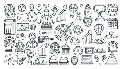 Fototapeta premium Doodle career icon set. Success winner, business goal, challenge hand drawn sketch line pen stroke style icon. Professional business career, goal sketch doodle drawn collection. perfect any project.
