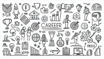 Doodle career icon set. Success winner, business goal, challenge hand drawn sketch line pen stroke style icon. Professional business career, goal sketch doodle drawn collection. perfect any project.