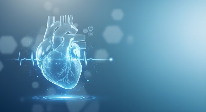 Futuristic digital hologram of human heart with heartbeat line. Advanced cardiology, telemedicine, AI in healthcare. Medical technology concept on blue background.