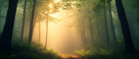 Bosque con niebla y luz dorada en la mañana. gen ai