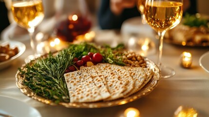 passover seder table, an elegantly arranged seder plate and symbolic foods on a decorative table, as guests prepare for the passover meal