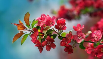 vertical video spring background closeup of crab apple tree branch with red blossoms