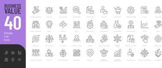 Business Value Line Editable Icons set. Vector illustration in modern thin line style of business related icons: financial graphs, documents, processes, and more. Pictograms and infographics