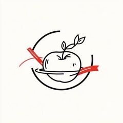 Simple apple graphic with ribbon, orbiting dish, suitable for healthy food concept
