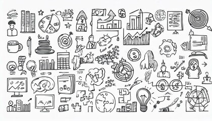 Obraz premium Hand drawn icon sketch business office career set. Doodle hand drawn business office target, finance group work, career teamwork strategy. Target, puzzle, chart element. perfect any project.