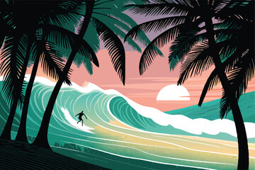 A vibrant vector illustration of a surfer skillfully riding a large, curling ocean wave in a tropical paradise setting, showcasing dynamic action and bright colors.