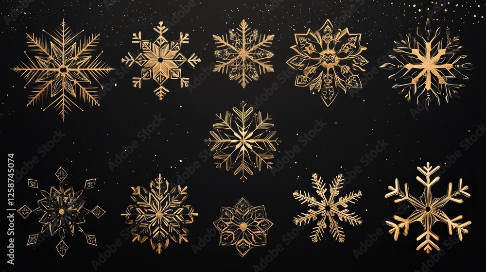 Poster a set of snowflake icons, each designed as a unique element with intricate, delicate patterns. these