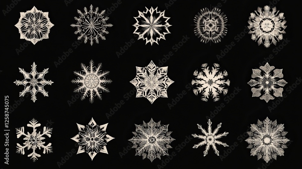 Poster a set of snowflake icons, each designed as a unique element with intricate, delicate patterns. these
