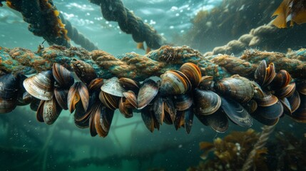 Mussels cling to submerged ropes in a vibrant underwater habitat filled with kelp, showcasing a thriving marine ecosystem in bright daylight.