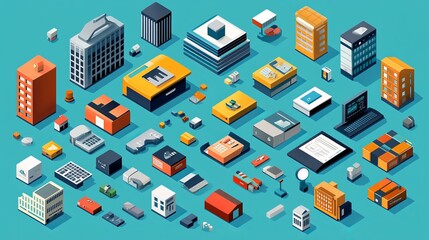 Obraz premium An isometric business icon element set featuring various symbols representing key business concepts. This set includes icons for strategy, finance, marketing, teamwork, growth