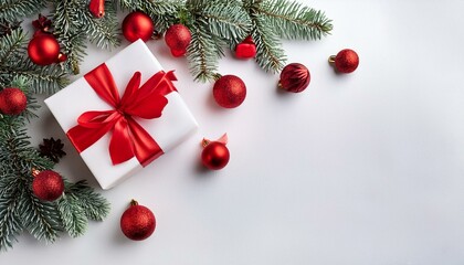 christmas composition gifts fir tree branches red decorations on white background christmas winter new year concept flat lay top view