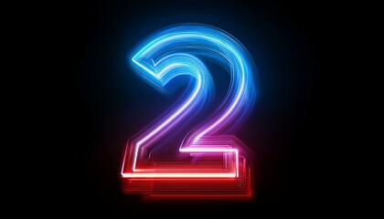 3d render abstract linear neon number two glowing digit isolated on black background