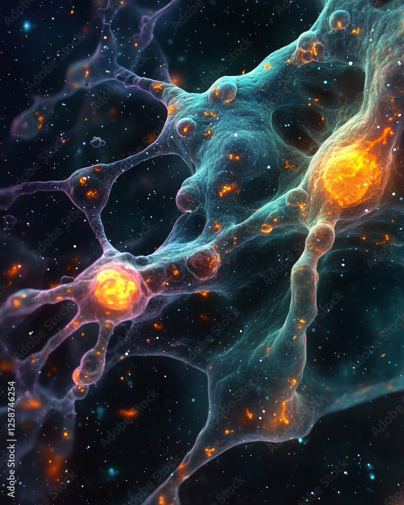 Poster neuro-map representing complex brain activity in a vibrant cosmic landscape