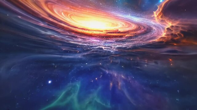 A breathtaking view of a spiral galaxy with glowing cosmic dust, swirling into the depths of the universe. Concept of astronomy and infinite space