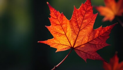 Close-up of single maple leaf, intricate detail, rich color, texture, close-up, orange