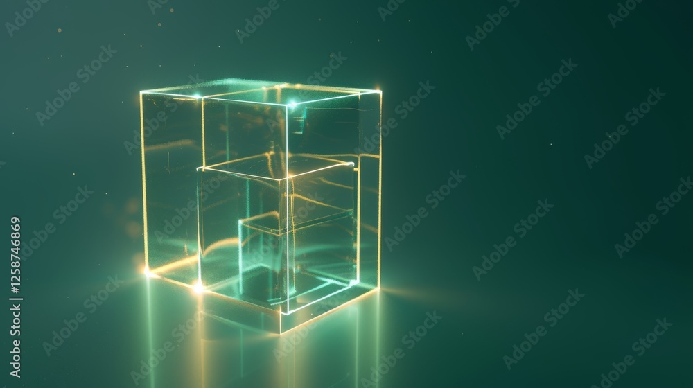 Poster a glowing, transparent cube with intricate internal structures, emitting golden light on a reflectiv
