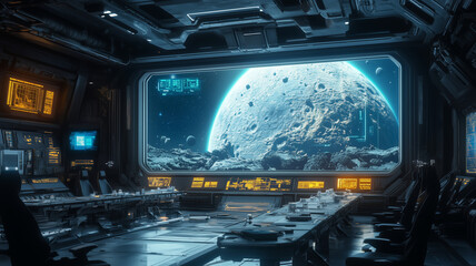 Emergency meeting in asteroid monitoring conference room with lunar view