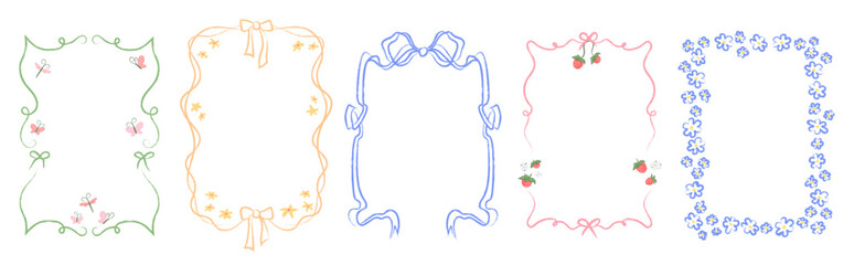 Set of hand drawn borders with ribbons, bows, butterflies, strawberries, flowers. Crayon pencil texture. Elegant cute frames, decoration for spring, summer design, greeting card, invitation templates.
