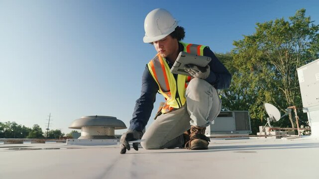 Building Inspector Examining Commercial Roof for Code Compliance