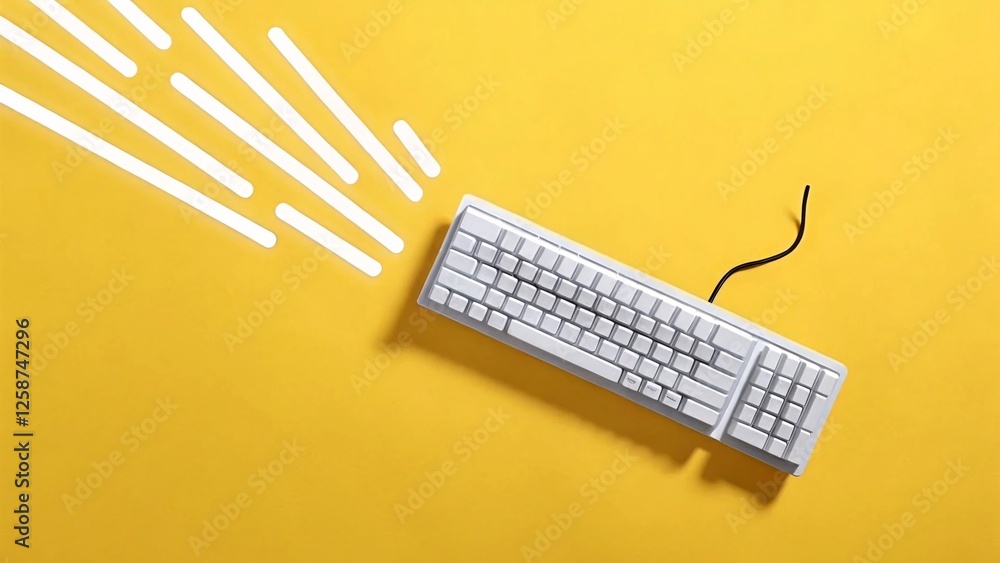 Poster dynamic keyboard interaction modern workspace digital content bright yellow environment top-down vie