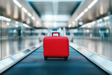A striking red suitcase rests on a deserted baggage carousel in a minimalist airport setting. This scene captures the tranquility and solitude of isolated travel moments, emphasizing the suitcase.