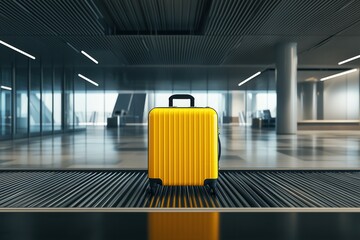 A bright yellow suitcase rests on an empty baggage carousel at the airport. This minimalist setting highlights the suitcase's vibrant color, depicting a moment of stillness in travel.