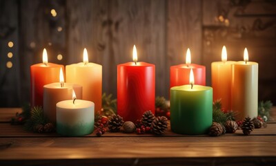 Festive holiday candles lit on a wooden table, festive candles, merry atmosphere
