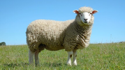 Obraz premium Fluffy Sheep Standing in a Green Pasture Under a Blue Sky